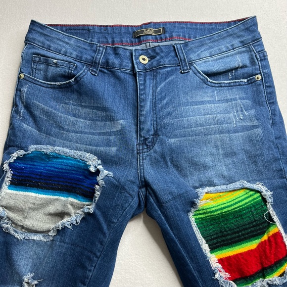 Lucky + Blessed Western Sarape Print Raw Hem Patched Jeans Size 14 - Picture 6 of 14